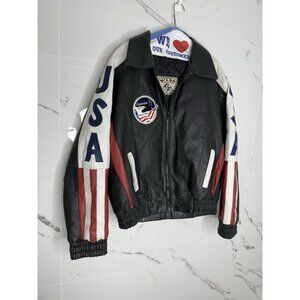 VTG Wilda Patriotic Jacket USA American Flag Stars Stripes Leather Bomber 2001 L